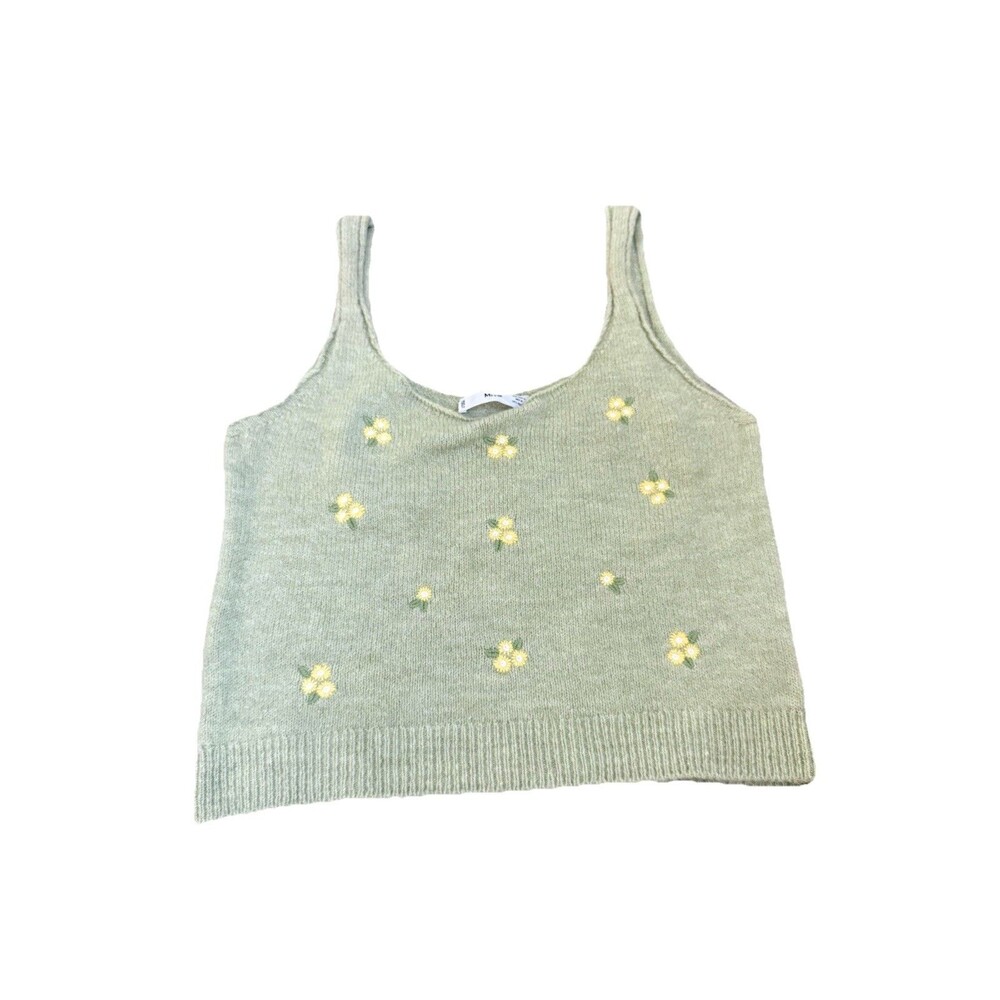 MNG Cropped Green Knit Embroidered Flower Sleeveless Top Tank Medium